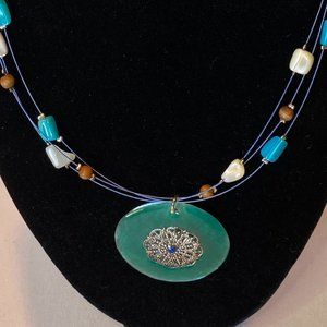 Fashion Jewelry Turquoise Shell Disc Necklace with matching Ring and Earrings